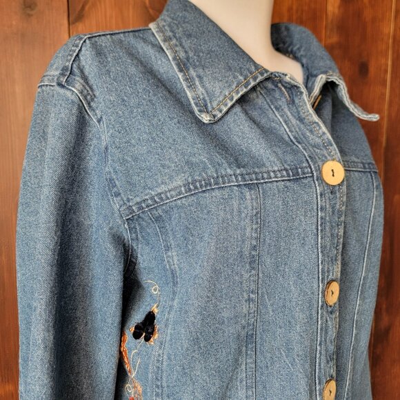 Vintage Tantrums Women XXL Jean Jacket Embroidered Fall Leaves Whimsical Country - Picture 7 of 13